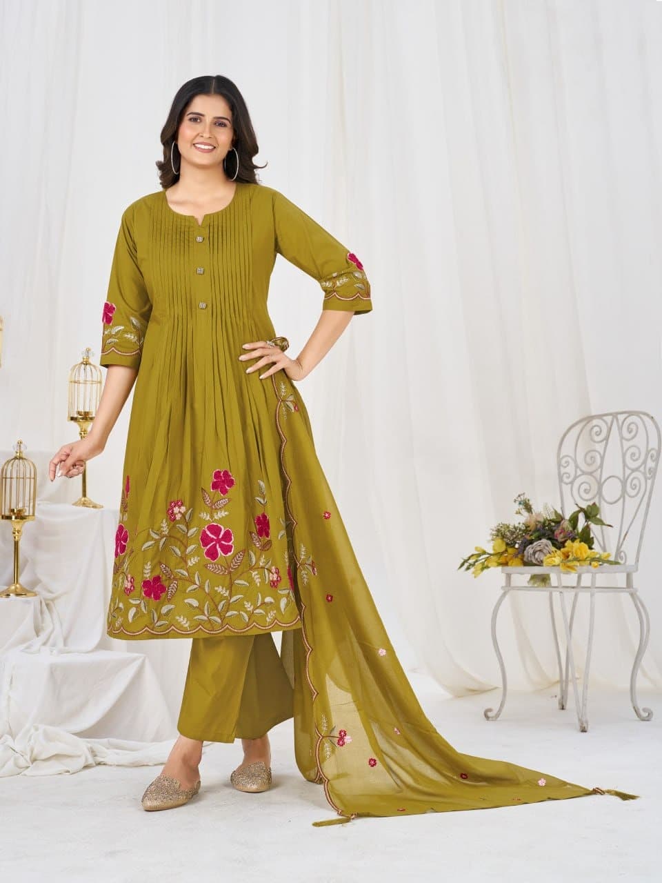 Olive Green Floral Kurti Set