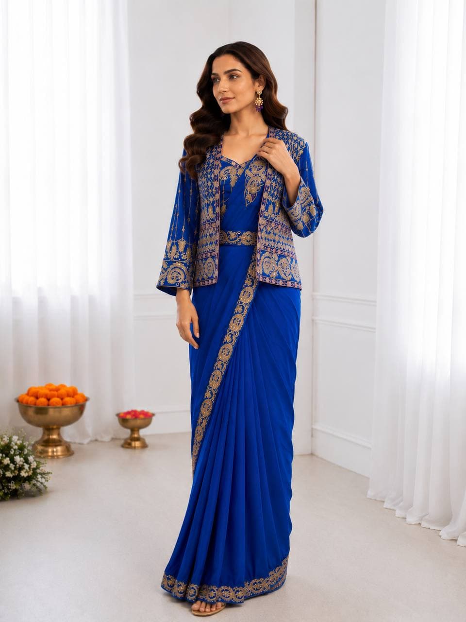Royal Blue Jacket Saree Set