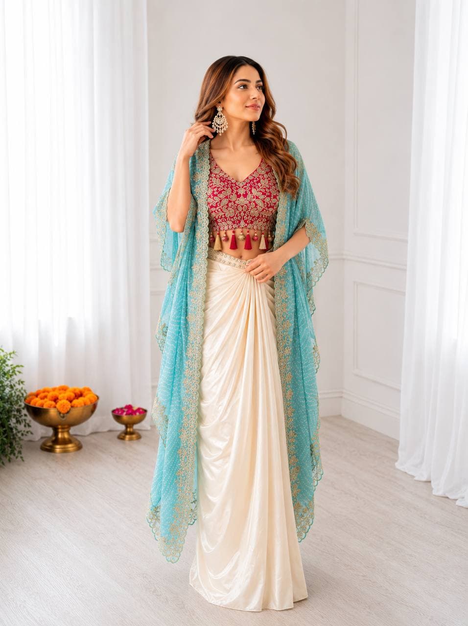 Sky Blue Cape Saree Set