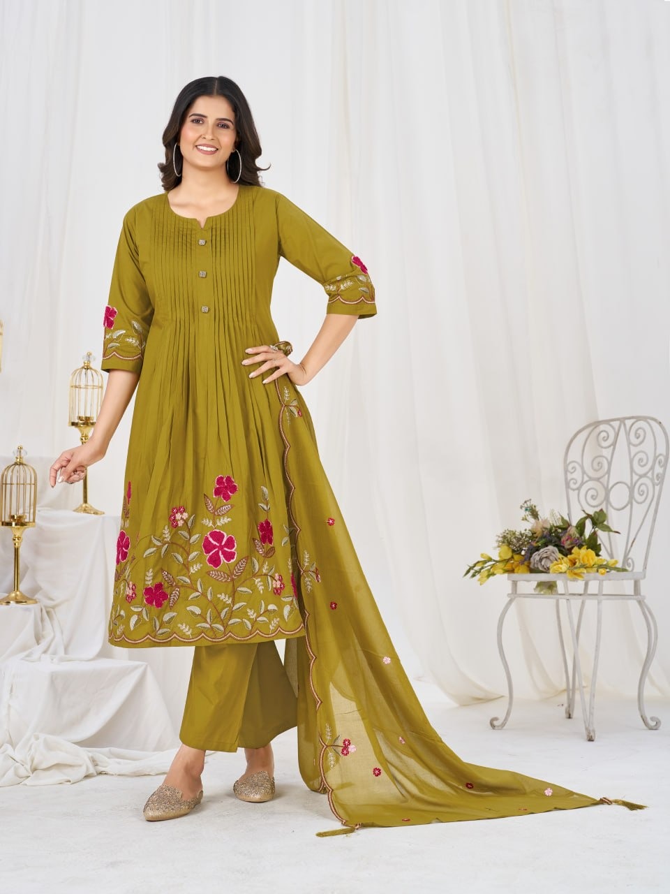Olive Green Floral Kurti Set — view 1