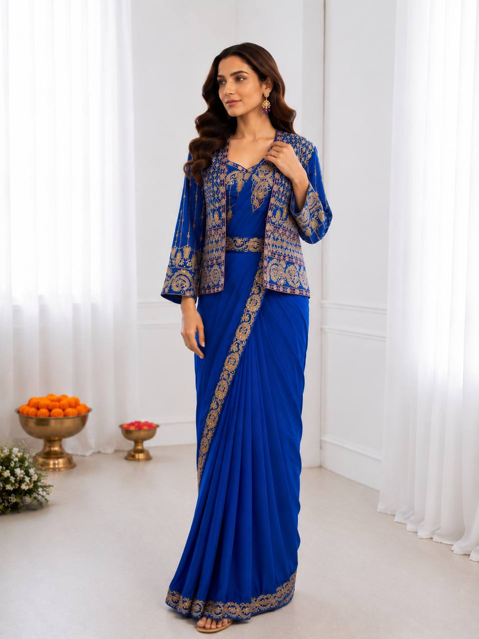 Royal Blue Jacket Saree Set — view 1