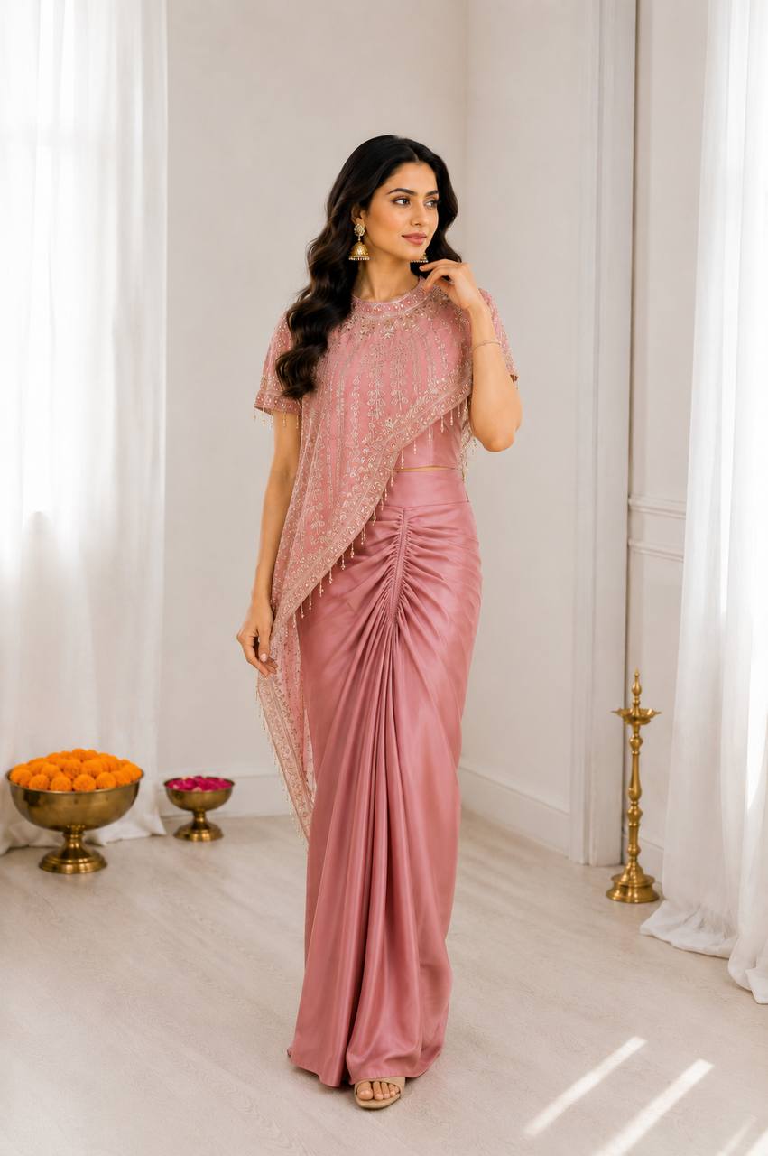 Dusty Rose Ruffle Saree Set — view 1